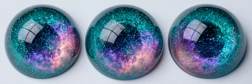 Drei Glasmurmeln mit Galaxie-Muster in Blau und Violett