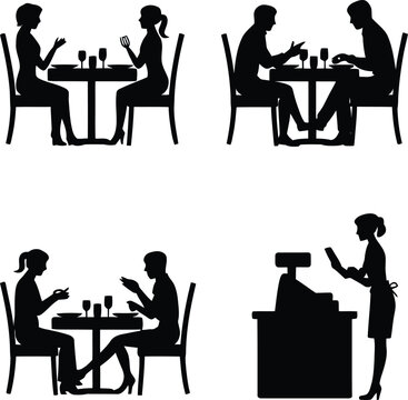 Silhouettes of people dining and a cashier in a restaurant setting Keywords: restaurant, dining