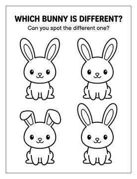 Which Bunny Is Different? &ndash; Rabbit Spot the Difference Puzzle and Coloring Activity for Kids