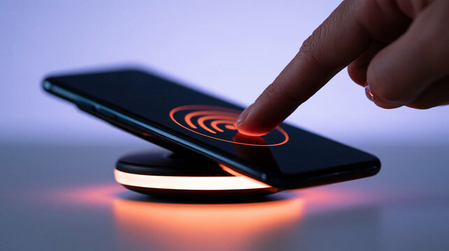 Businesswoman's hand tapping a phone against a contactless payment reader, soft lavender ambient light with orange interface glow, fintech minimalism, Copy Space