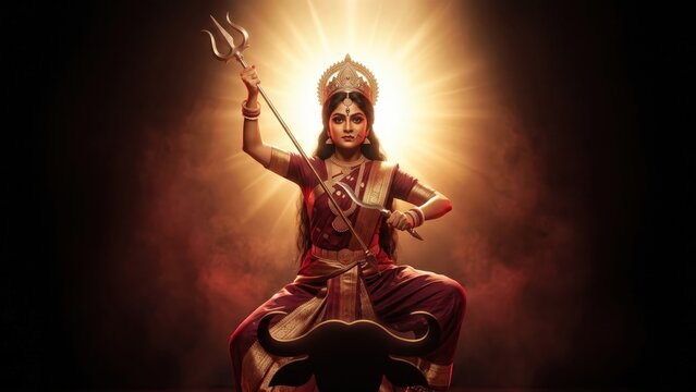Mahishasuramardini Dance Drama &ndash; Bengali Performer Portraying Goddess Durga on Stage.