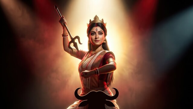 Mahishasuramardini Dance Drama &ndash; Bengali Performer Portraying Goddess Durga on Stage.