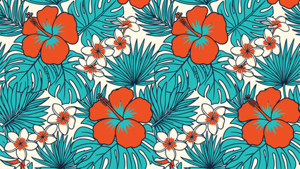 Vibrant tropical floral pattern featuring orange hibiscus blossoms, white plumeria flowers, and teal monstera leaves on a cream background for summer textile and surface design. © Robich Art