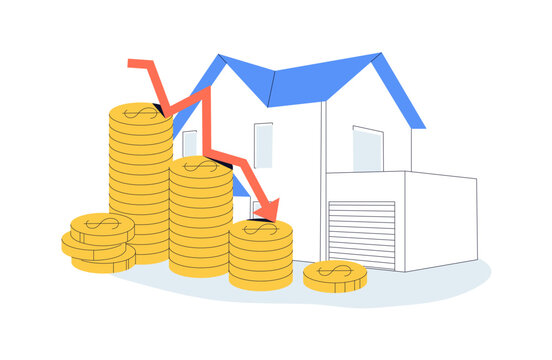 Real estate investment loss concept. House value decline, falling property prices, financial risk and housing market downturn, reduced savings flat vector illustration isolated on white background.