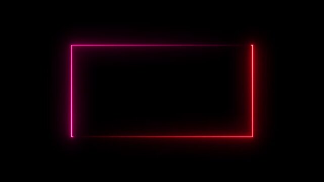 Abstract glowing neon blue line moving loop animation on black background. Abstract neon studio background, rectangular frame made of two moving neon lights.