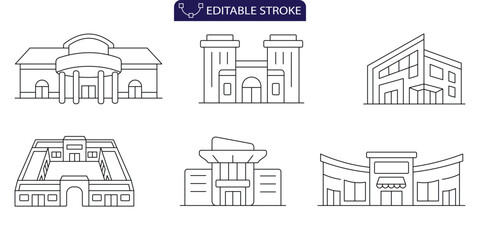 Fototapeta premium Shopping Mall Architecture line Editable icon set Retail Store Building Outline Vector illustration