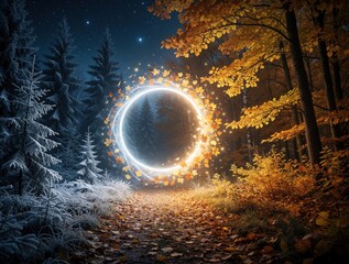 Obraz premium Magical portal opens in forest, transitioning from autumn leaves to winter snow. A circular glowing gateway shines brightly, surrounded by swirling leaves and stars.