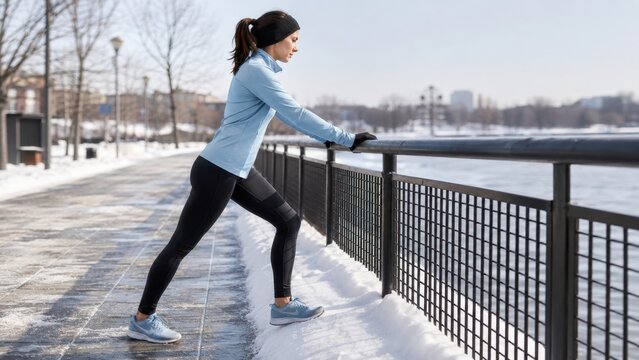 Woman stretching before outdoor winter workout on a snowy riverside path