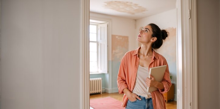Young woman inspecting water damage on ceiling in empty house. Female homeowner holding notebook looking at roof leak. Property inspection and home renovation planning