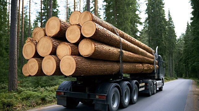 Heavy duty logging truck carrying a large load of cut timber logs driving along a paved road surrounded by dense pine forest, representing the forestry industry and wood transportation