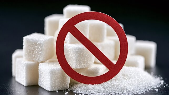 Red prohibition sign on a pile of white sugar cubes and granulated sugar symbolizing no sugar, healthy eating, diet, diabetes prevention, and a sweet food warning