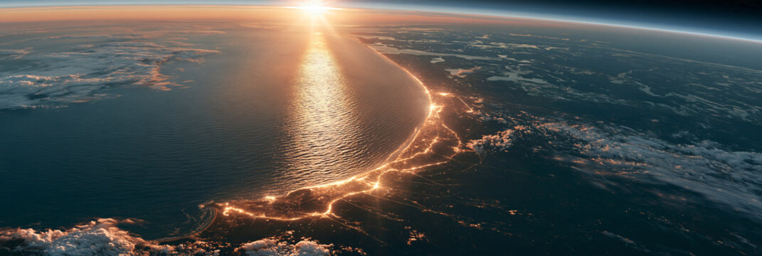 Sonnenaufgang &uuml;ber Erdatmosph&auml;re mit Wolken und Meer aus dem All