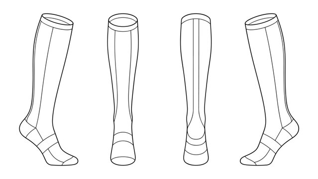 Over calf compression sock tech pack template flat sketch fashion illustration mock up cad drawing for professional athletes. High length performance socks