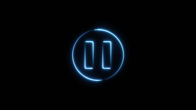 Glowing neon media player pause icon animation video and audio play stop control circle pause button sign symbol.