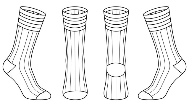 Heavy rib crew sock tech pack template flat sketch fashion illustration mock up cad drawing for outdoor sports with front back and side views. Thick knitted sock design
