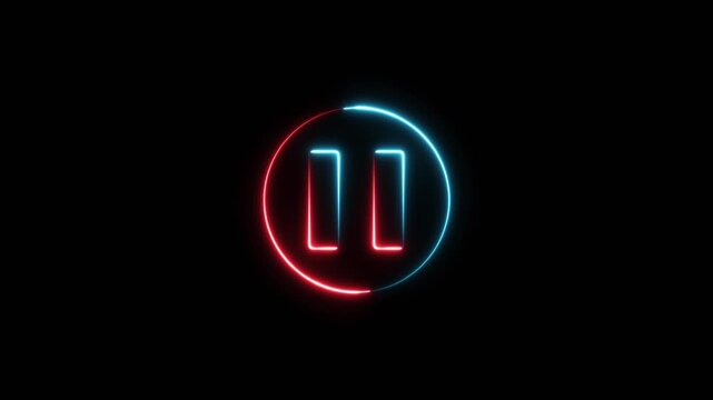 Glowing neon media player pause icon animation video and audio play stop control circle pause button sign symbol.