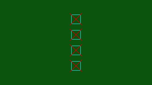 Four Bullet point multiple choice checklist presentation boxes with thin animated 4K suggesting rejection, evaluation animation.