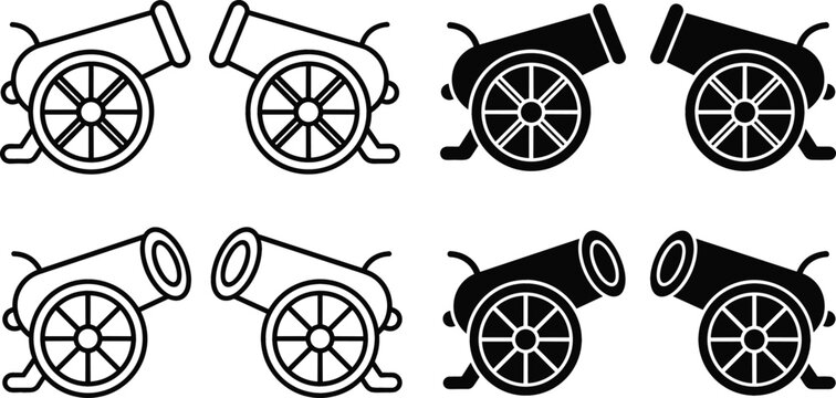 Antique cannon vector icon set featuring vintage military artillery weapons in linear outline and solid silhouette styles