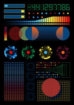 1980s Retro Computers Visual Panel, Vintage Colors, Shapes, Digits, Charts, Equalizers. Abstract Background for the 1980s Posters, Retro Future Style Objects