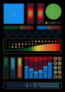 1980s Retro Computers Visual Panel, Vintage Colors, Shapes, Digits, Charts, Equalizers. Abstract Background for the 1980s Posters, Retro Future Style Objects