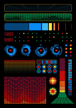 1980s Retro Computers Visual Panel, Vintage Colors, Shapes, Digits, Charts, Equalizers. Abstract Background for the 1980s Posters, Retro Future Style Objects