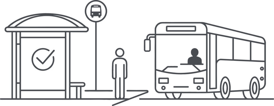 City public transport concept showing passenger standing at a bus stop station waiting for commuter shuttle arrival