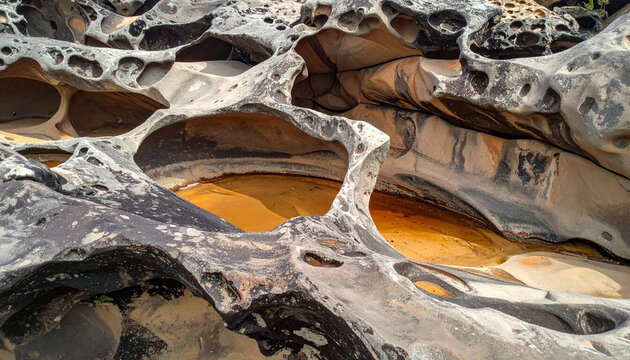 Close-up of weathered volcanic tuff rock formations featuring unique erosion pockets and holes. Natural geological texture background for earth science, geology, and outdoor design projects.