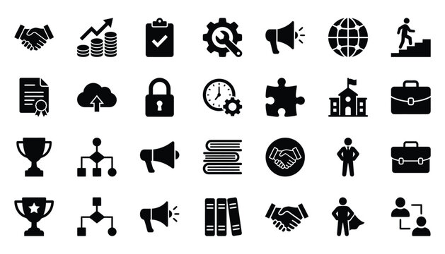 Modern Business Success and Growth Vector Icon Set Highlighting Corporate Achievement Leadership Strategy and Management