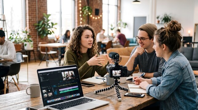 Three young professionals collaborating on a video project, discussing ideas and recording content in a modern co-working space with a laptop and camera setup.