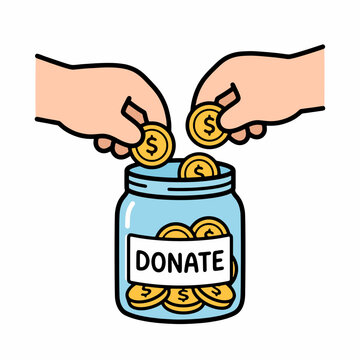 Hands Putting Gold Coins into Donation Jar for Charity and Fundraising Campaign.