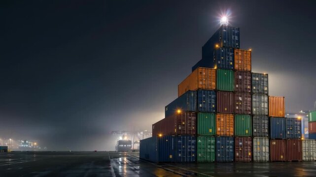 Illuminated Shipping Containers Stacked in Misty Night Port Terminal