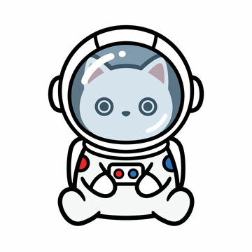 Cute Cartoon Cat Astronaut Wearing Spacesuit Helmet Playing Video Game Vector Clipart Illustration.