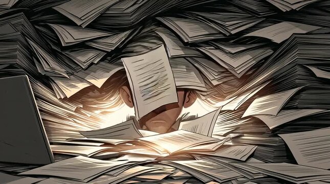 Work burnout and stress concept overwhelmed employee buried under piles of paperwork and documents at laptop cartoon style animation Cartoon style animation illustrating the pressure of tight