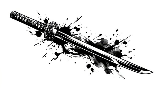Traditional Samurai Katana Sword Vector Art with Dynamic Black Ink Splashes and Watercolor Texture on White