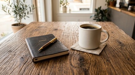 Obraz premium Cozy morning coffee, notebook, and pen on wooden table, plant background