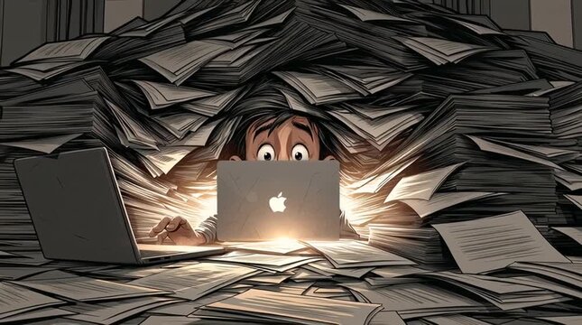 Work burnout and office stress overwhelmed employee buried under piles of paperwork and documents at a laptop cartoon style illustration Cartoon style illustration