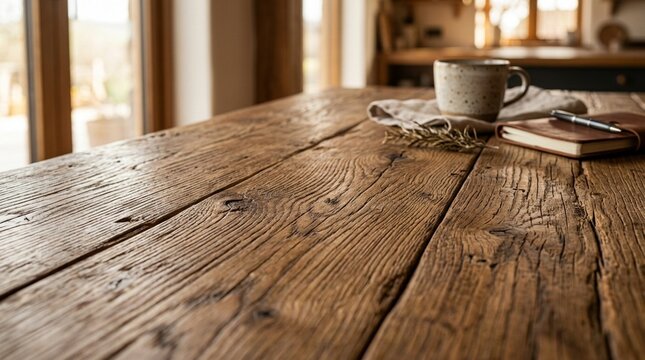 Cozy Rustic Wooden Table with Coffee, Notebook, and Pen, Blurred Kitchen Background