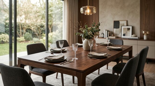 Elegant dining room with wooden table, chairs, and garden view