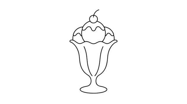 Hand drawn ice cream sundae vector icon illustration with cherry on top in classic tulip parfait glass dish with whipped cream scoops black and white line art outline design