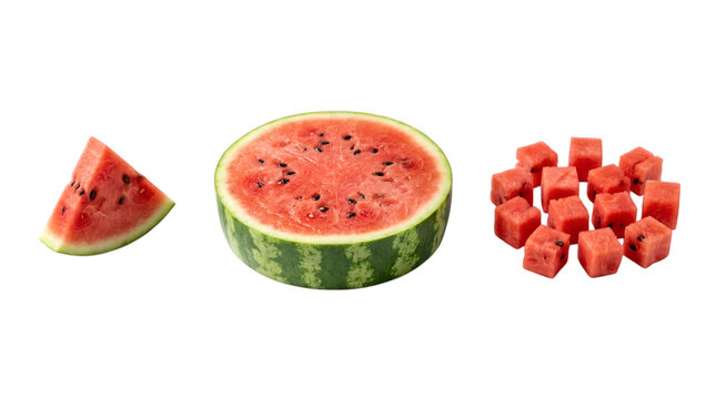 Watermelon slice cubes and whole fruit isolated on transparent background