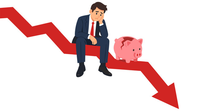 Stressed businessman in suit sitting dejected on falling red downward arrow graph with cracked empty pink piggy bank illustrating financial loss, bankruptcy, debt crisis and stock market decline