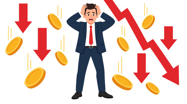 Panicked businessman in suit holding his head in despair surrounded by falling gold coins and big red downward arrows with crashing chart symbolizing financial crisis and stock market collapse