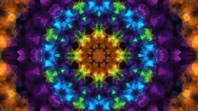 Retro psychedelic pulsing kaleidoscope with bright colors and shapes changes rhythmically