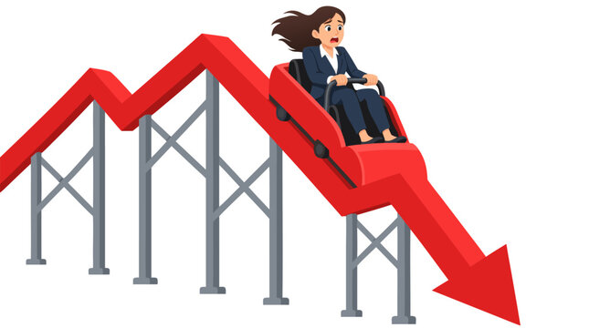 Anxious businesswoman in suit riding steep roller coaster shaped as plunging red arrow graph illustration symbolizing stock market crash, financial crisis, recession, investment loss and bankruptcy