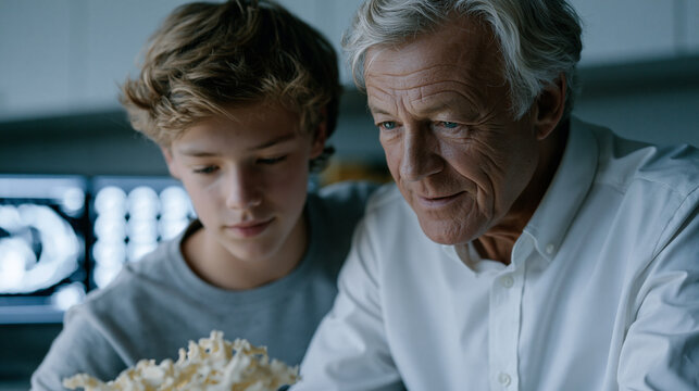 An elderly astronaut and teenage student examine a 3D-printed bone density model together in a university lab bathed in cool white light, cross-section scans displayed behind