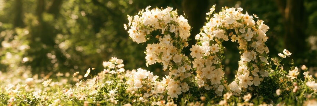 A number 30 formed with wildflowers stands in a garden.