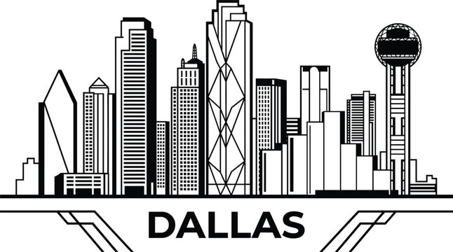 Dallas Texas city skyline line art vector illustration featuring iconic Reunion Tower and modern downtown skyscrapers