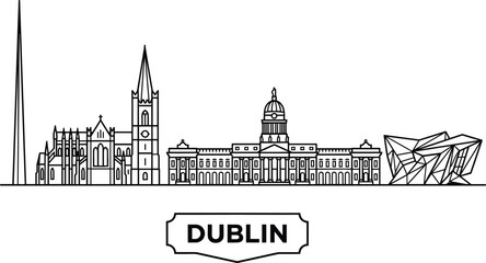 Fototapeta premium Dublin city skyline vector illustration featuring famous irish landmarks architectural historic buildings and travel tourism tourism line icons