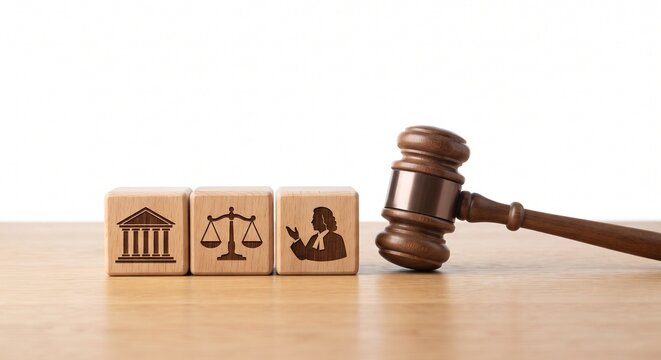 Wooden judge gavel next to cubes with icons of justice scales, court and lawyer, concept of law, legality and judicial system.