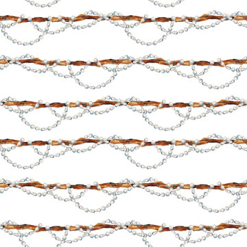 Watercolor seamless pattern with pearl garlands on driftwood in a realistic coastal style. Illustration for fabric, wallpaper, wrapping paper, luxury packaging, branding, stationery and beach decor.